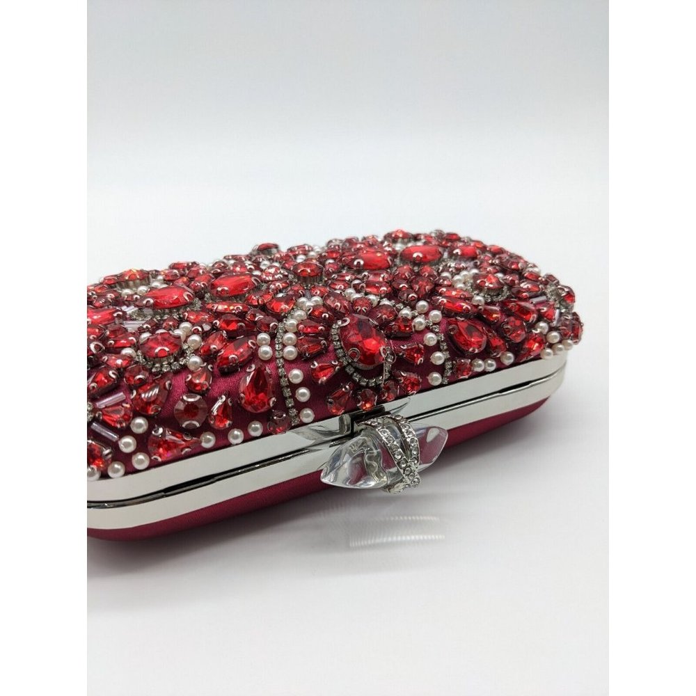 INC Ranndi beaded embellished crystal clutch minaudiere - RED/SILVER - Picture 6 of 14